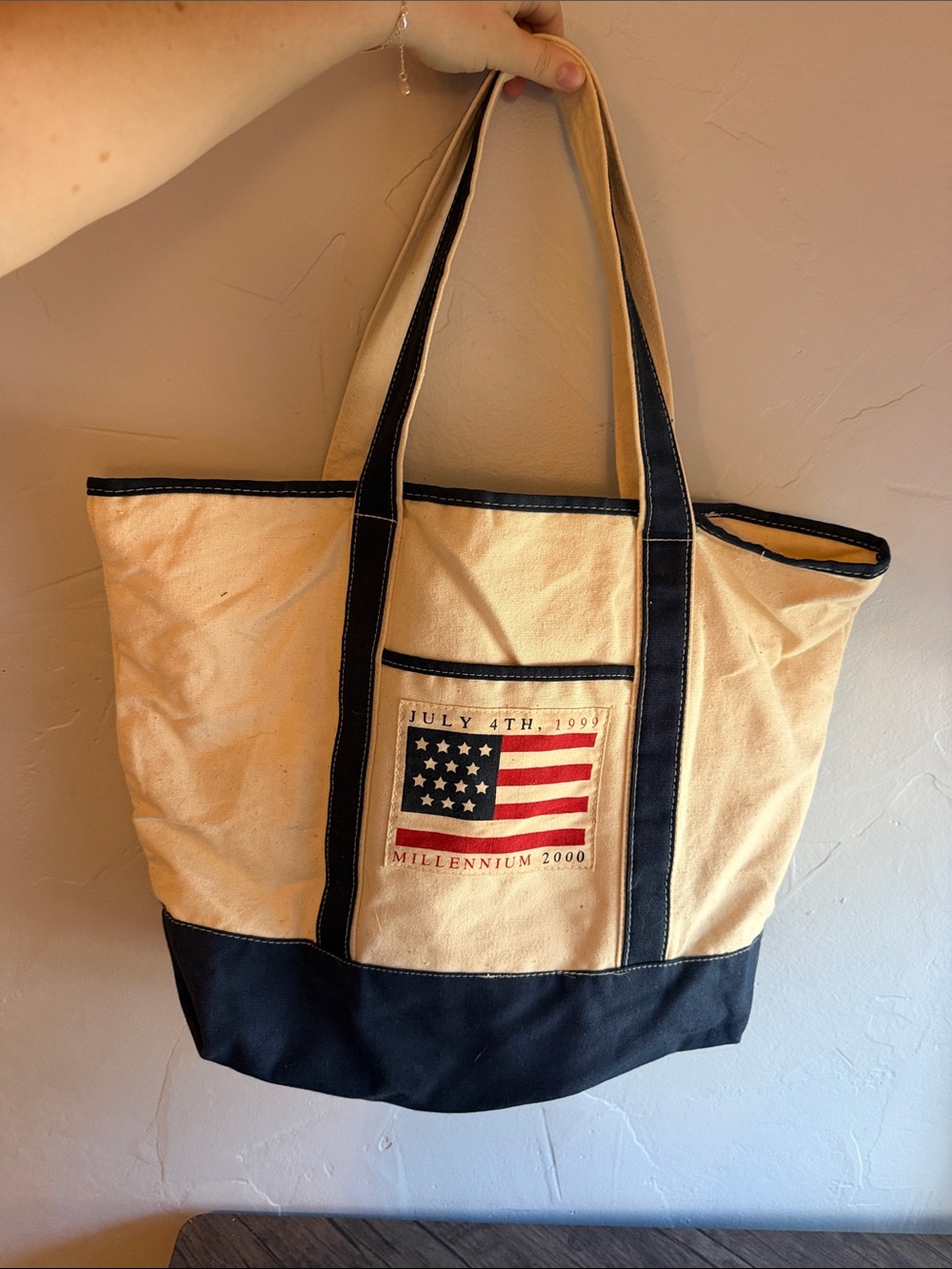 Vintage Canvas Patriotic Tote Bag with Flag Patch - Picture 1 of 4